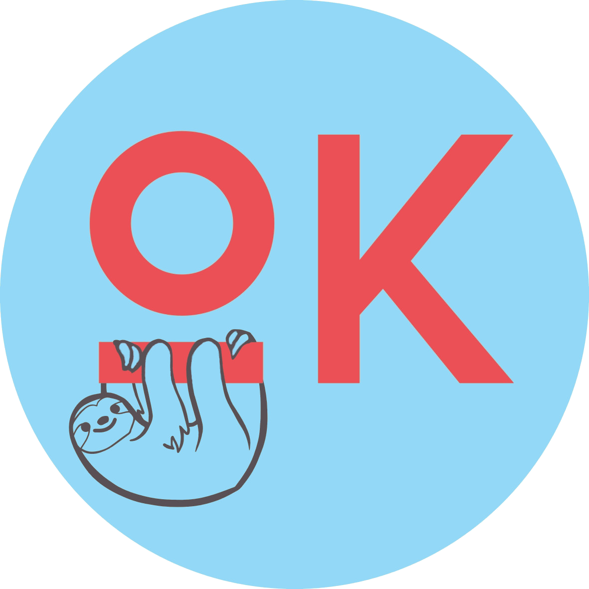 Niebieskie logo witryny z czerwonym napisem OK i leniwcem